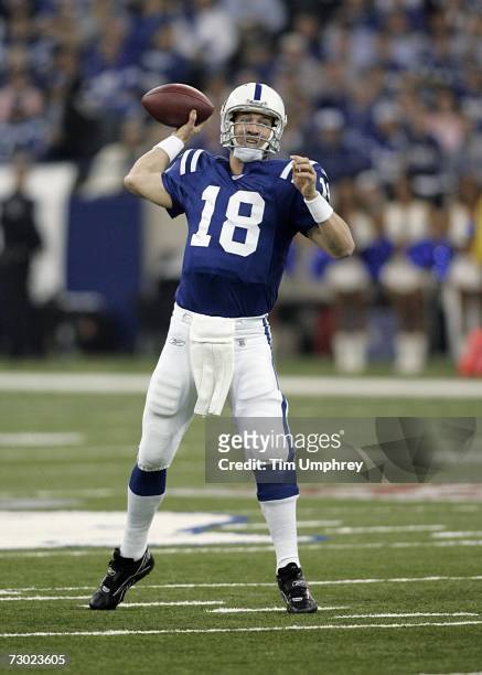 Quarterback Peyton Manning of the Indianapolis Colts passes down field in a game against the Kansas City Chiefs at the RCA Dome on January 6, 2007 in...