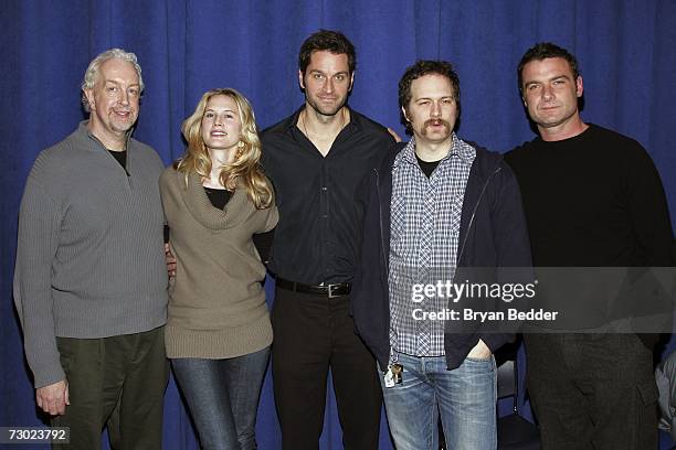 Director Robert Falls, poses with actors Stephanie March, Peter Hermann, Erik Jensen and Liev Schreiber before a rehearsal for Broadways "Talk Radio"...