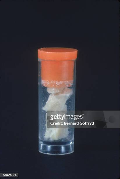 Close-up view of a vial that contains several 'rocks' of crack cocaine, 1980s.