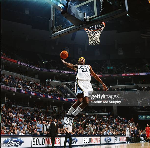 Rudy Gay of the Memphis Grizzlies elevates for a dunk during a game against the Toronto Raptors at the FedExForum on December 30, 2006 in Memphis,...