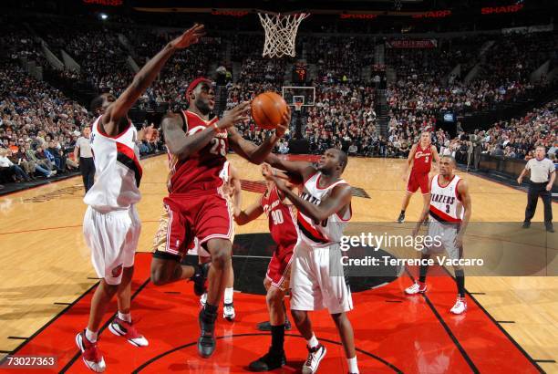 LeBron James of the Cleveland Cavaliers goes to the basket against Zach Randolph of the Portland Trail Blazers on January 17, 2007 at the Rose Garden...