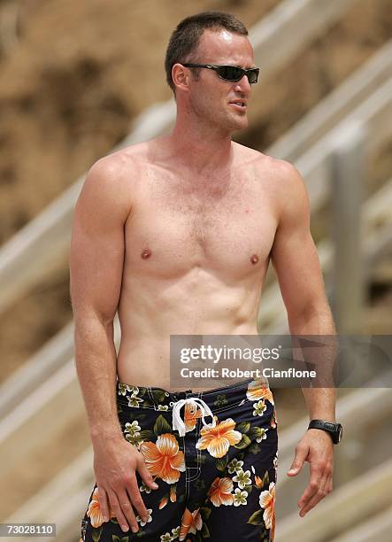 Chris Grant of the Bulldogs is seen on the beach during the Western Bulldogs AFL training session at Point Addis Beach, Anglesea January 18, 2007 in...