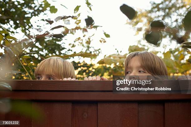 two boys (10-11) peeping over fence - nosey neighbor stock-fotos und bilder