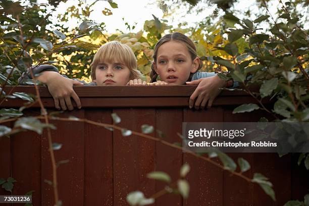 boy (10-11) and girl (12-13) peeping over fence - recinzione foto e immagini stock