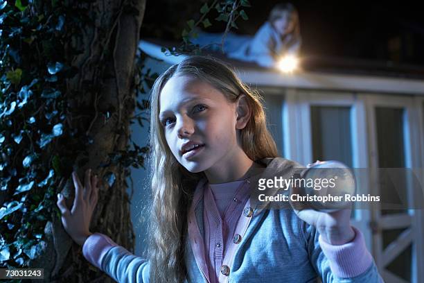 girl (12-13) standing by tree, boy (10-11) lying on roof of playhouse at night - torch stock-fotos und bilder
