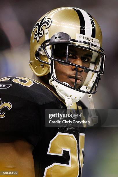 Reggie Bush of the New Orleans Saints looks on against the Philadelphia Eagles during the NFC divisional playoff game at the Superdome on January 13,...