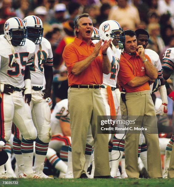 Coach Don Shula of the Miami Dolphins during a game against the Los Angeles Raiders on December 2, l984 in Miami, Florida.