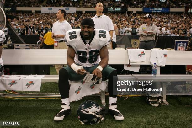 Running back Brian Westbrook of the Philadelphia Eagles sits on the bench during the game against the New Orleans Saints on January 13, 2007 at the...