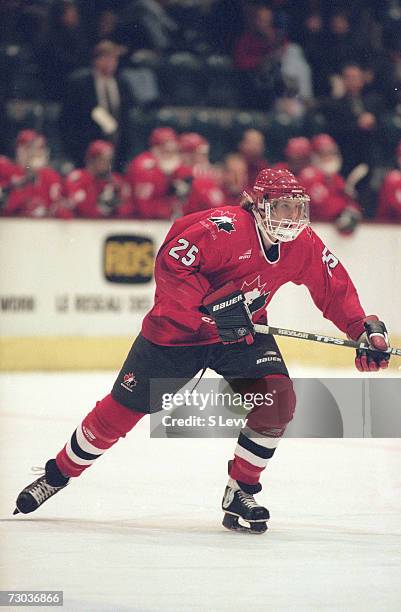 Canadian ice hockey player Joe Thornton of Team Canada on the ice during the World Junior Ice Hockey Championships, Switzerland, 1997.