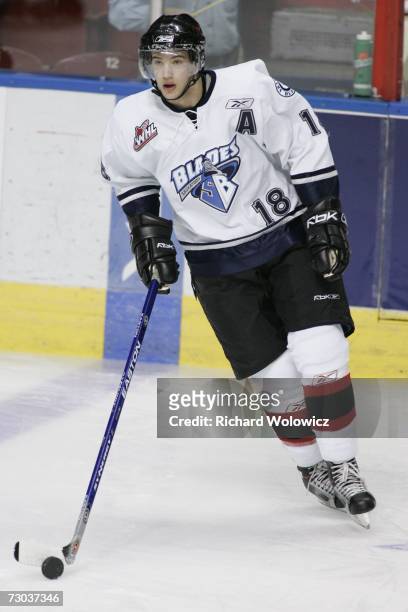 Colton Gillies of Team Bowman-Demers skates with the puck during the warm-up session of the 2007 Home Hardware CHL/NHL Top Prospects Game against...