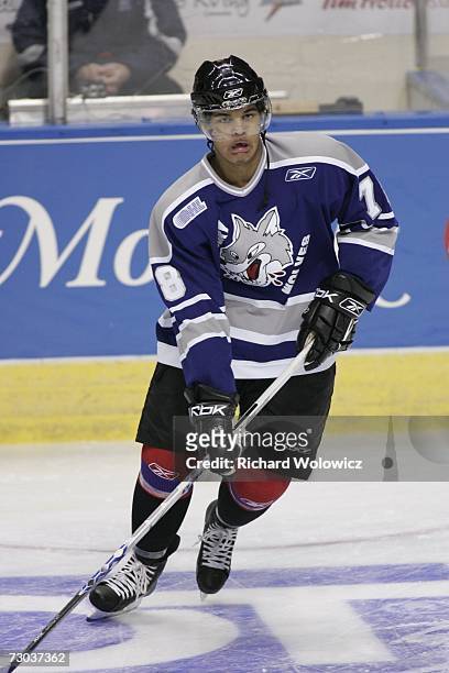 Akim Aliu of Team Burns-Bergeron skates during the warm-up session of the 2007 Home Hardware CHL/NHL Top Prospects Game against Team Bowman-Demers at...