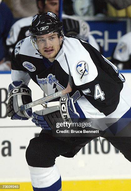 Paul Ranger of the Tampa Bay Lightning skates against the Pittsburgh Penguins during their NHL game at the St. Pete Times Forum on January 9, 2007 in...