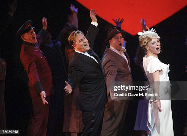 Don Johnson and Samantha Janus perform on stage at his first time portraying Nathan Detroit in the hit musical 'Guys And Dolls' at the Piccadilly...