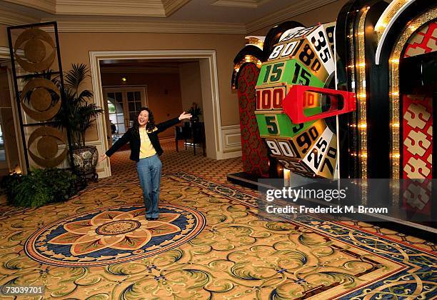 Lighthouse reporter Meg Mimura spins "The Price Is Right" wheel in honor of the Bob Barker Farewell Press Conference during the 2007 Winter...