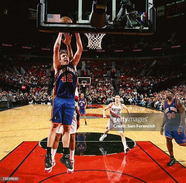 David Lee of the New York Knicks goes to the basket during a game against the Portland Trail Blazers at The Rose Garden on January 3, 2007 in...