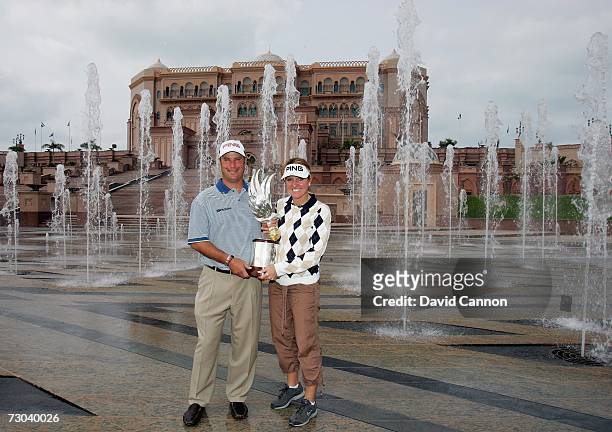 The holder of the 2006 Abu Dhabi Golf Championship Chris DiMarco of the USA with his wife Amy outside the Emirates Palace Hotel after he had...