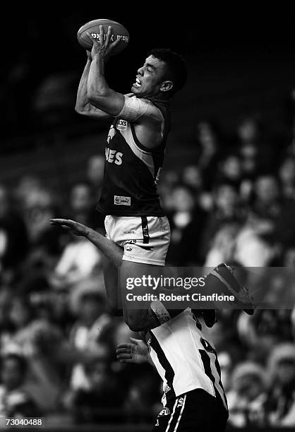 Daniel Kerr of the Eagles flies for a mark during the round 16 AFL match between the Collingwood Magpies and the West Coast Eagles at the Telstra...