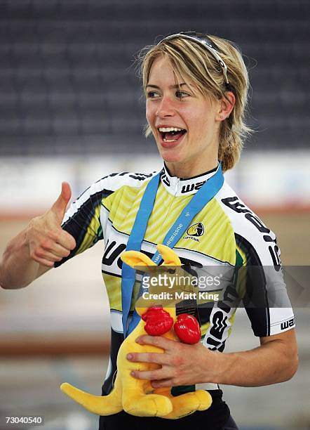 Josephine Butler of Australia celebrates winning the Women's 500m Time Trial during the Track Cycling event of the Australian Youth Olympic Festival...