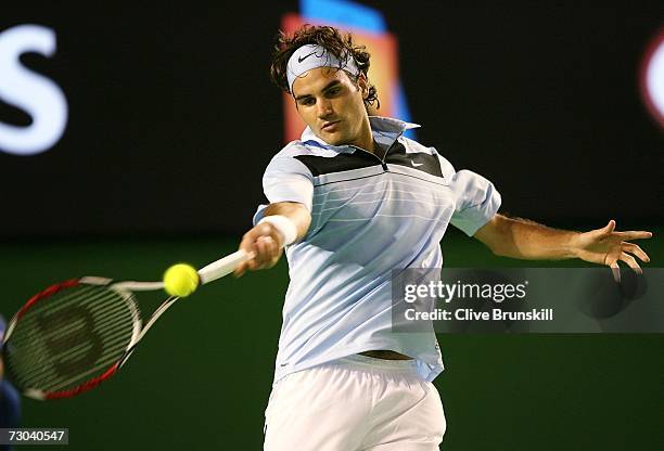 Roger Federer of Switzerland plays a forehand during his third round match against Mikhail Youzhny of Russia on day five of the Australian Open 2007...