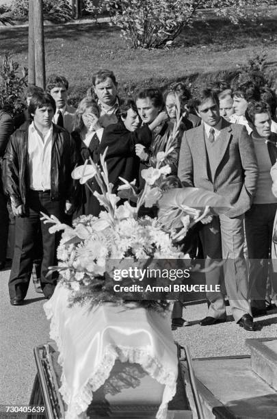 The funeral of murdered four year-old boy Grégory Villemin takes place in Lepanges Sur Vologne, Vosges, France, 19th October 1984. Behind the coffin...