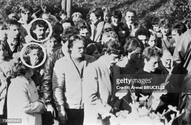 The funeral of murdered four year-old boy Grégory Villemin takes place in Lepanges Sur Vologne, Vosges, France, 19th October 1984. Circled are...