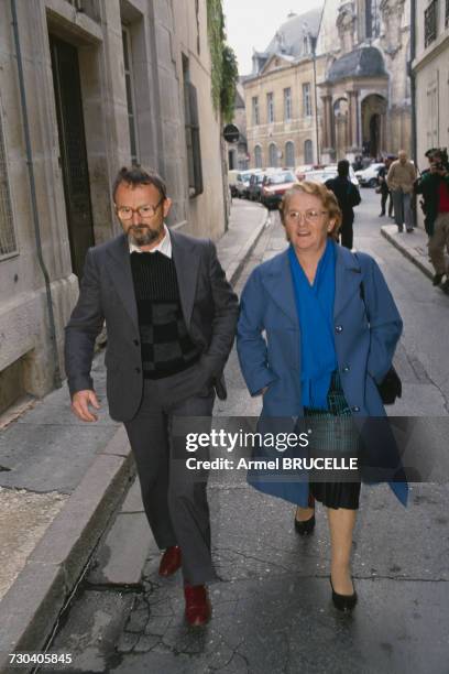 Albert and Monique Villemin, grandparents of murdered four year-old boy Grégory Villemin , in Dijon for a court hearing before Justice Simon,...