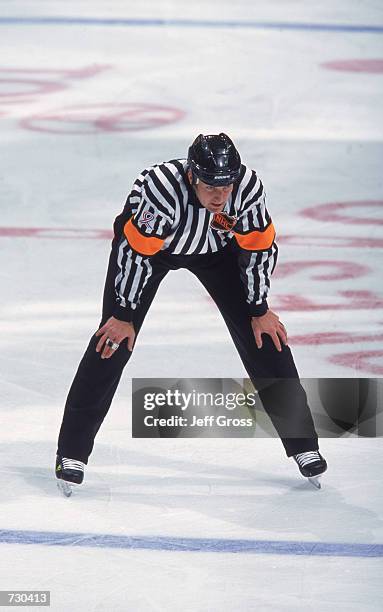 Referee Shane Heyer watching the action during the game between the St. Louis Blues and the Los Angeles Kings at the Staples Center in Los Angeles,...