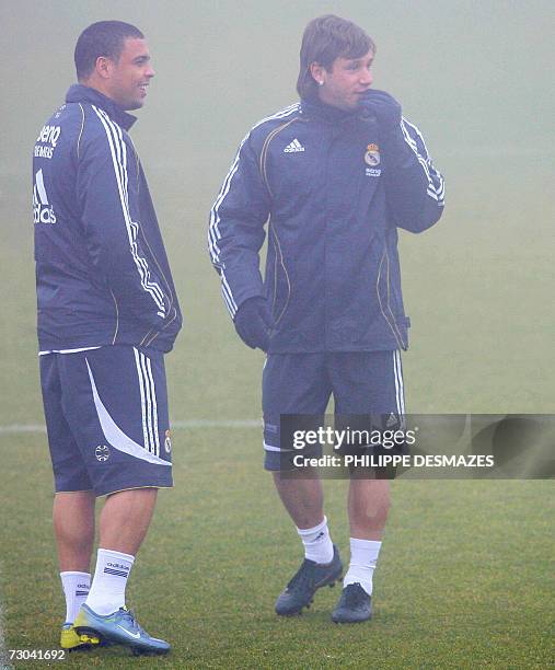 Real madrids brazilian ronaldo and italian antonio cassano at a training session in madrid Real madrids brazilian ronaldo and italian antonio cassano at a training session in madrid