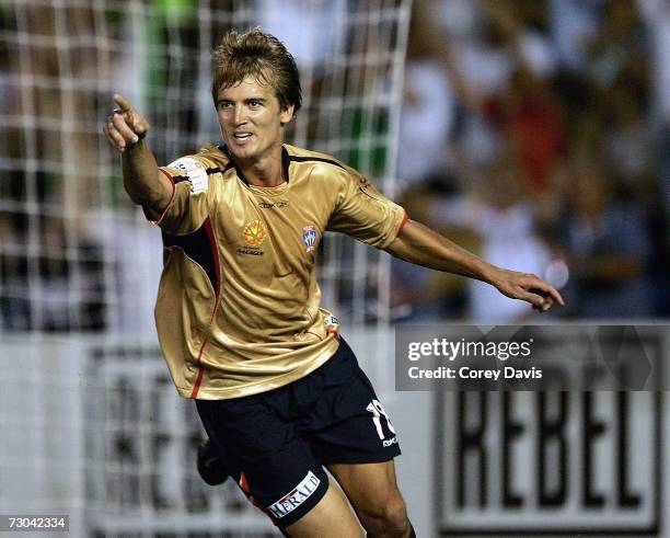 Joel Griffiths of the Jets celebrates scoring during the round 21 Hyundai A-League match between the Newcastle Jets and the Melbourne Victory at...