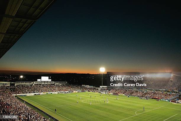 General view of play during the round 21 Hyundai A-League match between the Newcastle Jets and the Melbourne Victory at Energy Australia Stadium...