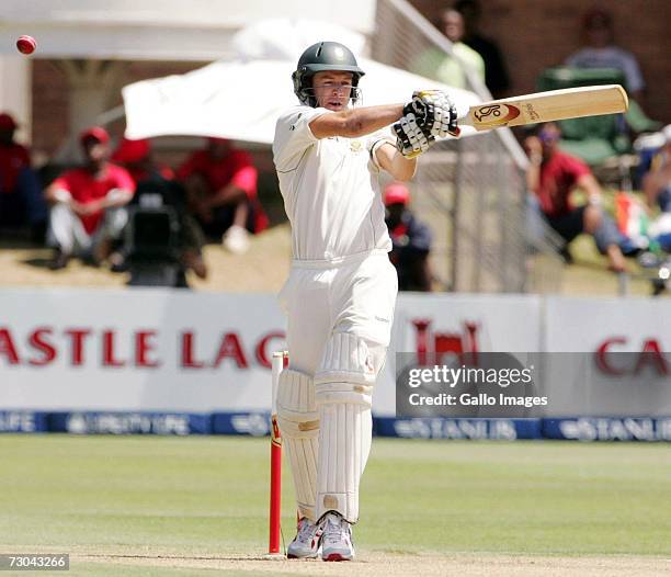 De Villiers about to be caught behind off Shoaib Akhtar during Day One of the Second Test match between South Africa and Pakistan at Sahara Oval, St...