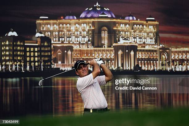 Francesco Molinari of Italy tees off at the par 3, 12th hole during the second round of the 2007 Abu Dhabi Golf Championship, at the Abu Dhabi Golf...