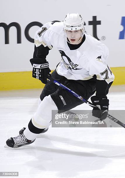 Evgeni Malkin of the Pittsburgh Penguins skating up the ice against the Boston Bruins at the TD Banknorth Garden on January 18, 2007 in Boston,...