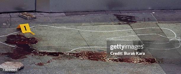 Chalk outline marks the scene where journalist Hrant Dink was killed by an unidentified gunman at the entrance to his newspaper's offices, on January...