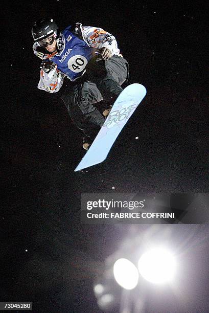 New world champion Mathieu Crepel of France is airborne during his final jump he won in the men's Big Air final at the FIS Snowboard World...