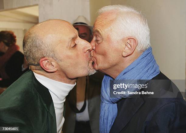 Photographer and designer Mauro Taliani kisses Werner Baldessarini during the "Baldessarini Night" during the Baldessarini Snow Arena Polo World Cup...