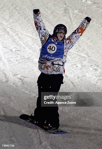 Mathieu Crepel from France competes to take 1st place during the FIS Snowboard World Championships Men's Big Air on January 19, 2007 in Arosa,...