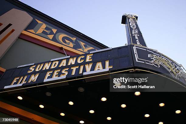 Festival signage is seen at the Egyptian Theatre on Main Street during the 2007 Sundance Film Festival on January 19, 2007 in Park City, Utah.