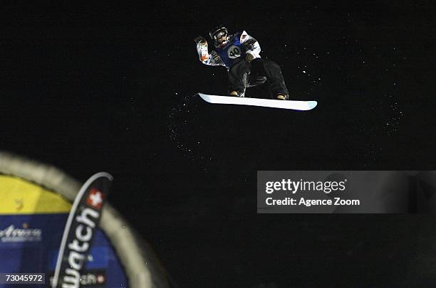 Mathieu Crepel from France competes taking 1st place during the FIS Snowboard World Championships Men's Big Air on January 19, 2007 in Arosa,...