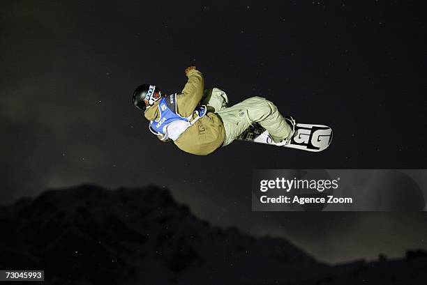 Sami Saarenpaa from Finland competes to take 4th place during the FIS Snowboard World Championships Men's Big Air on January 19, 2007 in Arosa,...