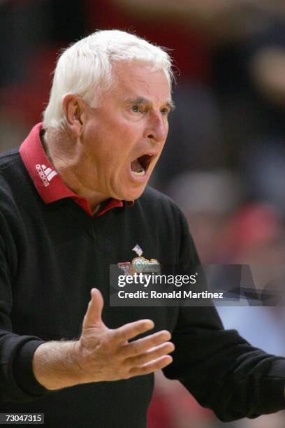 Head coach Bob Knight of the Texas Tech Red Raiders yells during play against the UNLV Rebels at United Spirit Arena on December 28, 2006 in Lubbock,...