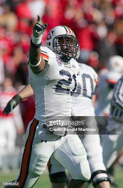Line backer Karibi Dede of the Auburn Tigers reacts in the final seconds of a 17-14 win against the Nebraska Cornhuskers during the AT&T Cotton Bowl...