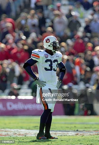 Eric Brock of the Auburn Tigers stands on the field during the AT&T Cotton Bowl Classic against the Nebraska Cornhuskers on January 1, 2007 at the...