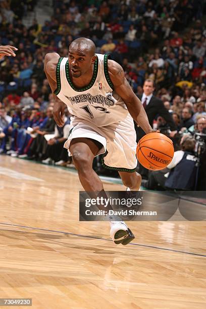 Mike James of the Minnesota Timberwolves moves the ball up the court against the Detroit Pistons at the Target Center on January 19, 2007 in...