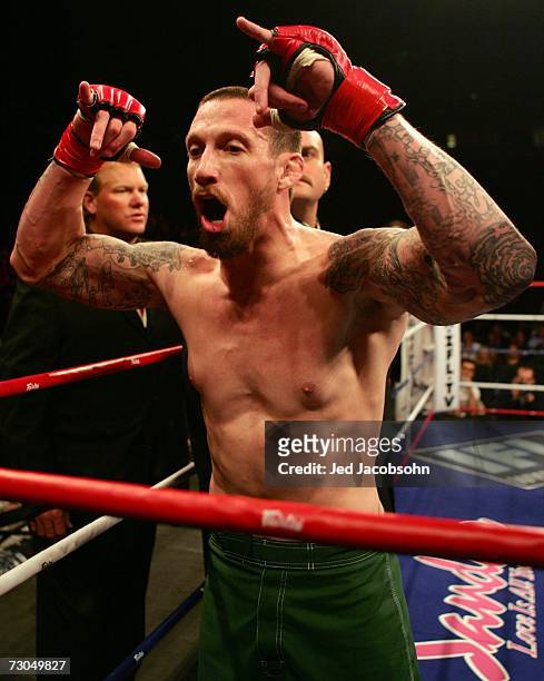 Jeremy Williams of the Condors celebrates after defeating Bristol Marunde of the Tiger Sharks during the International Fight League at Oracle Arena...