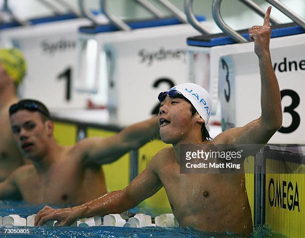 Yosuke Mori of Japan celebrates winning the Men's 100m Butterfly Final during the Australian Youth Olympic Festival at the Sydney Olympic Park...