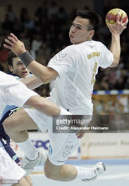 Angutimmarik Kreutzmann of Greenland in action during the Men's Handball World Championship Group A game between Slovenia and Greenland at the...