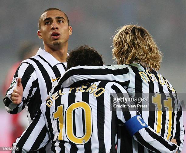 David Trezeguet, Alessandro Del Piero and Pavel Nedved of Juventus celebrate a goal during the Serie B match between Juventus and Bari at the Stadio...
