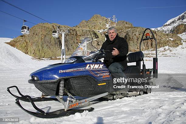 French actor Jean Pierre Castaldi poses on a Snow Hawk in L'Alpe d'Huez during the 10th comedy film festival on January 20, 2007 in L'Alpe d'Huez...