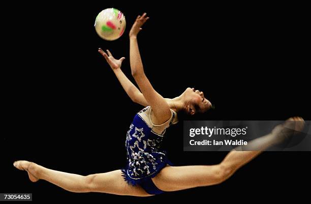 Wu Jiaqi of China performs with the ball during the girls Rhythmic Gymnastics event at the Australian Youth Olympic Festival January 21, 2007 in...